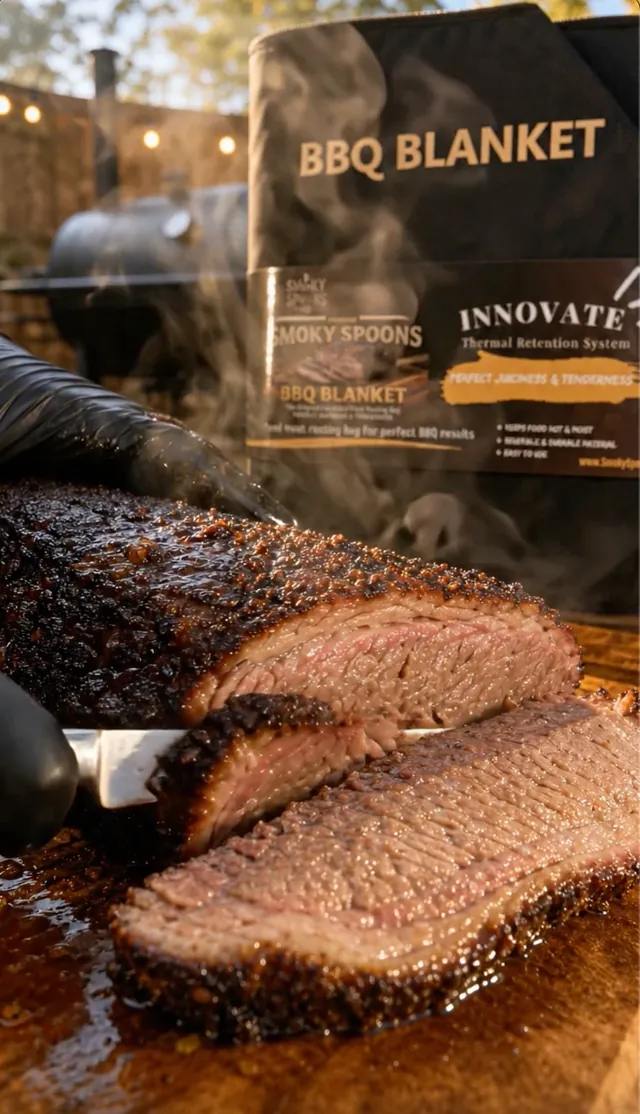 Sliced smoked brisket in front of the Smoky Spoons BBQ Blanket with smoke rising
