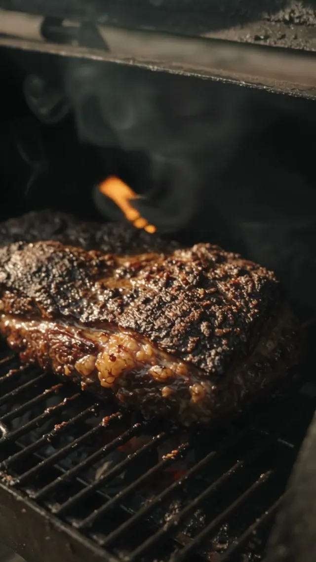 Close-up of a smoked brisket over an open flame inside a smoker