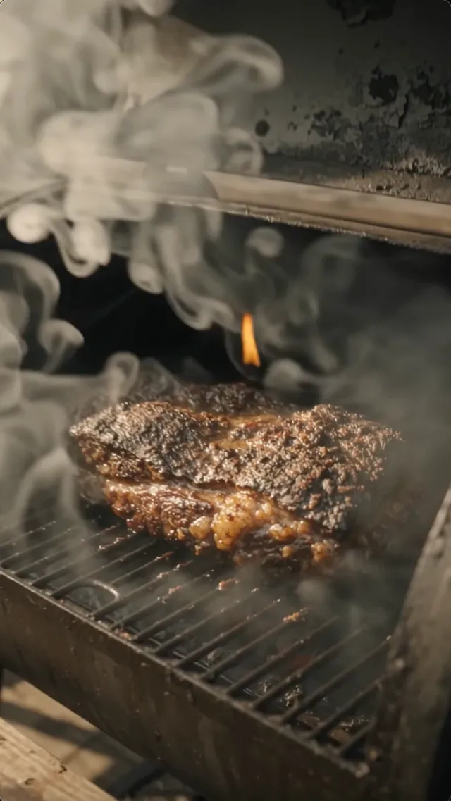 Brisket resting on a smoker grate with rising smoke and flame