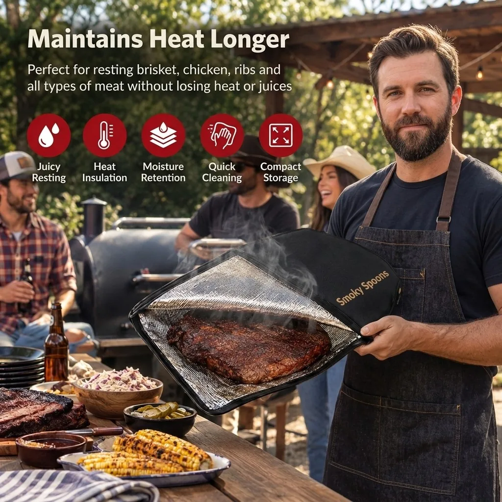 Man holding a Smoky Spoons BBQ Blanket with a brisket inside: juicy resting, heat insulation, moisture retention, quick cleaning and compact storage