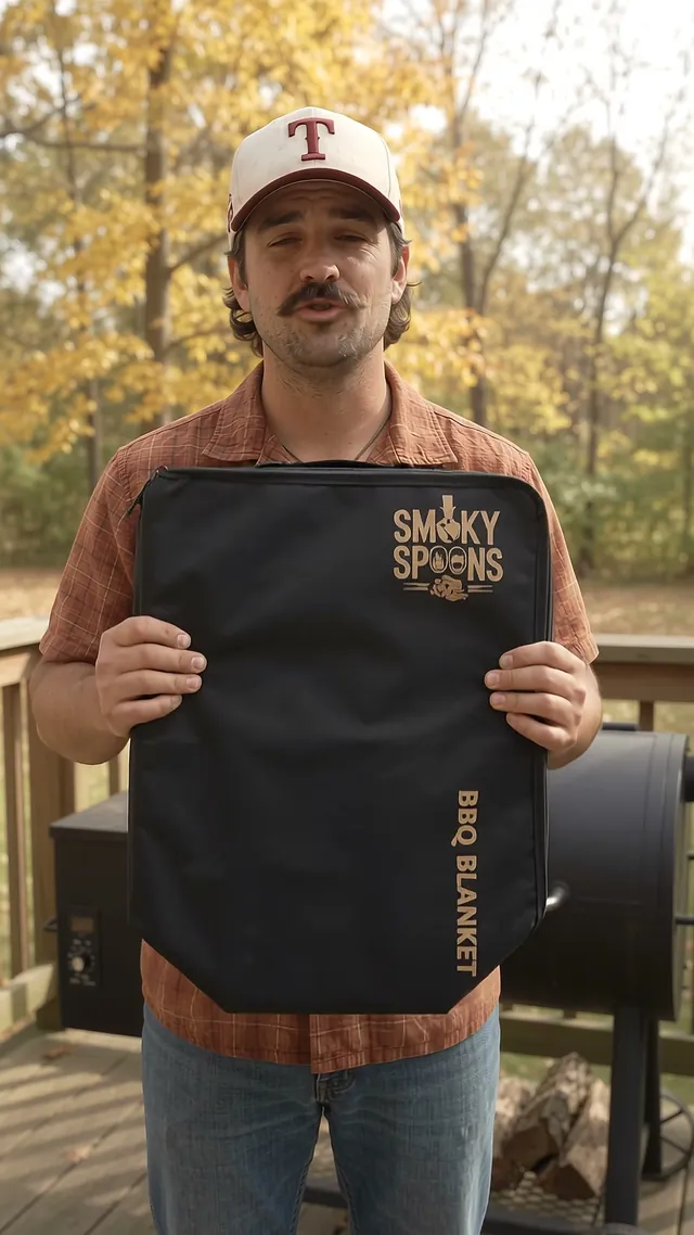 Man in a ball cap holding up the Smoky Spoons BBQ Blanket on his deck