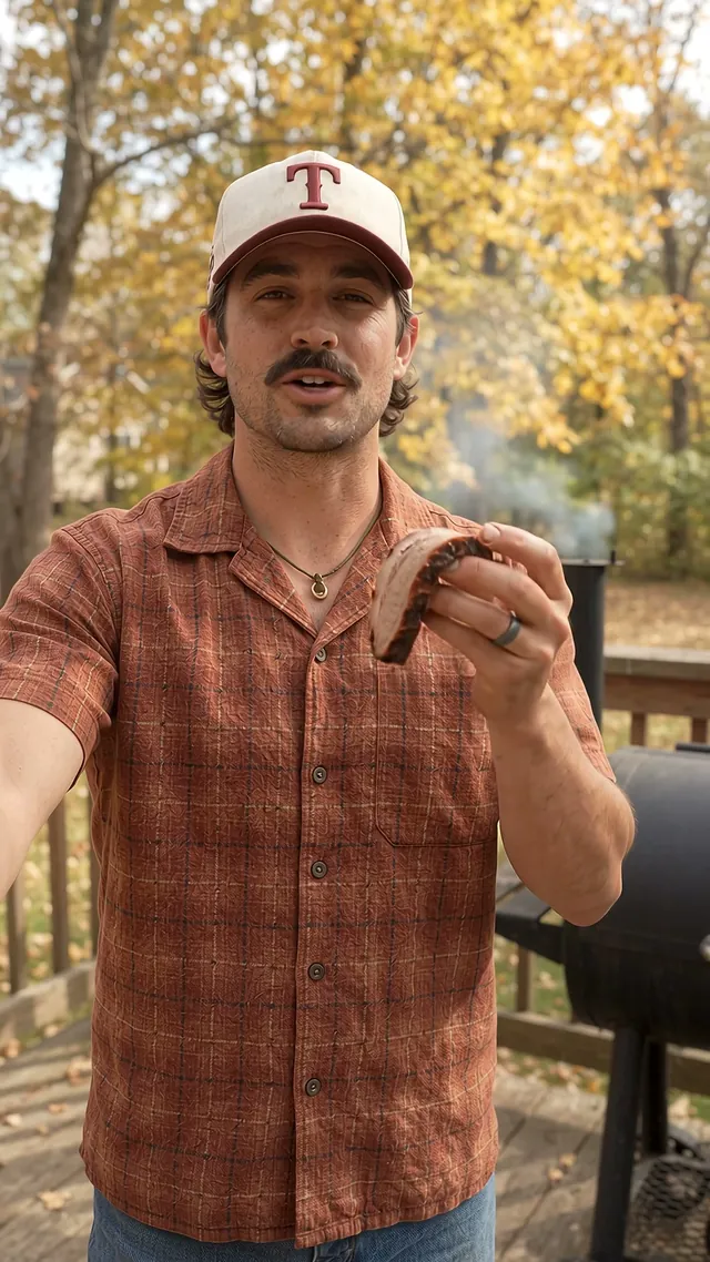 Man holding a smoked rib slice next to his smoker