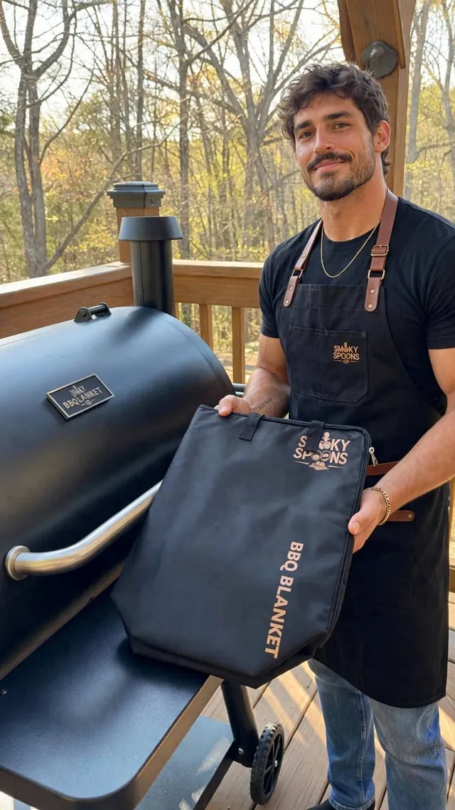 Pitmaster in a black apron holding the Smoky Spoons BBQ Blanket next to his smoker