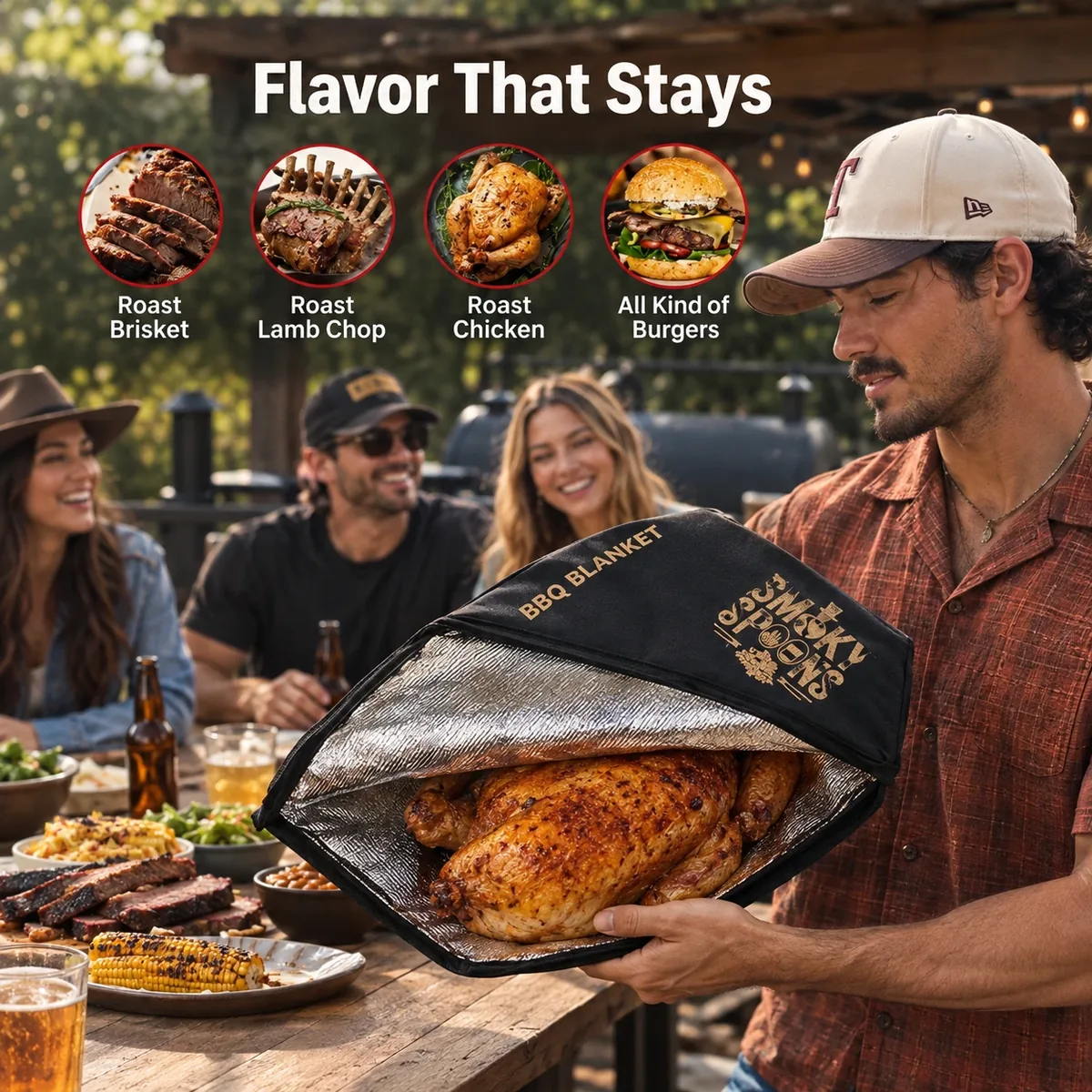 Man opening a Smoky Spoons BBQ Blanket to show a juicy roast chicken to friends at an outdoor cookout: keeps brisket, lamb chops, chicken and burgers hot