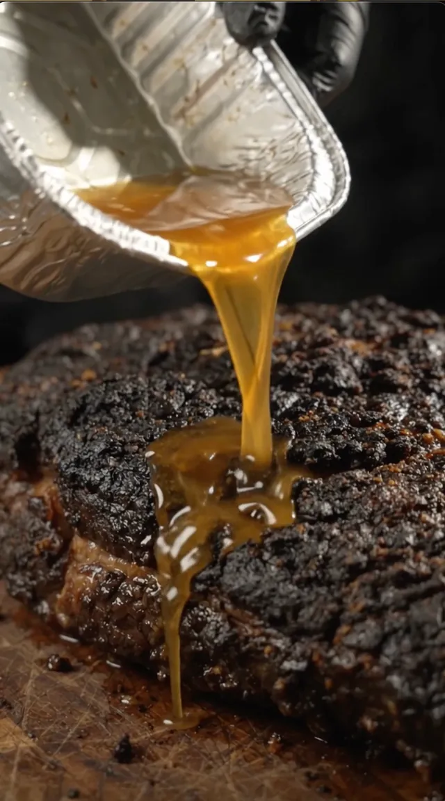 BBQ sauce being poured over a smoked brisket