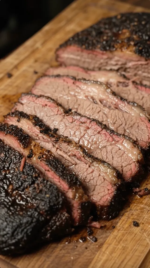 Close-up of juicy sliced smoked brisket on a wood board