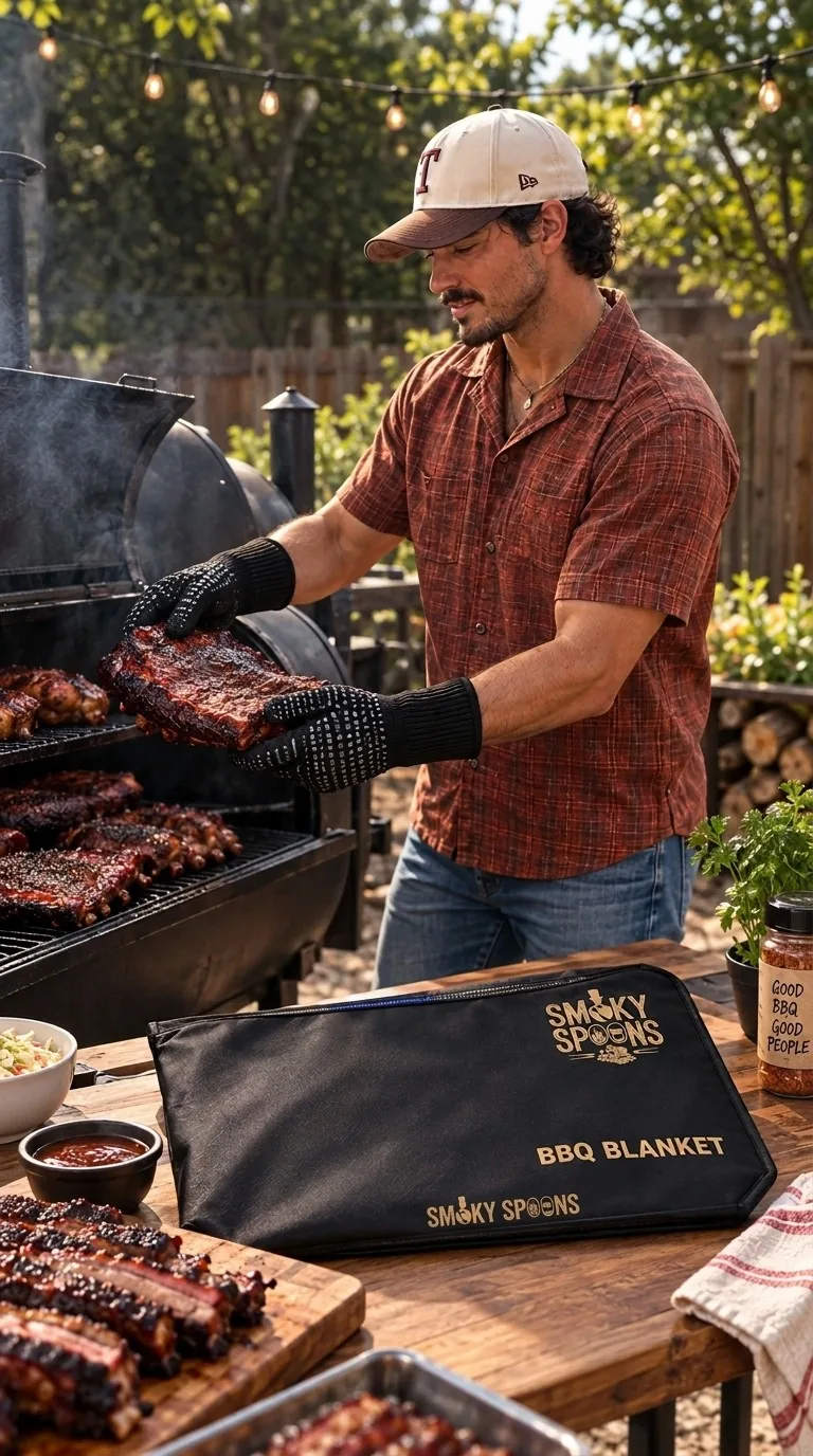 Man in heat-resistant BBQ gloves lifting smoked ribs off the smoker next to a Smoky Spoons BBQ Blanket meat resting bag on the table