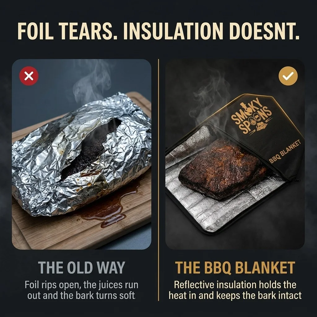 Comparison: torn aluminum foil letting juices run out versus the Smoky Spoons BBQ Blanket with reflective insulation keeping the brisket hot and the bark intact