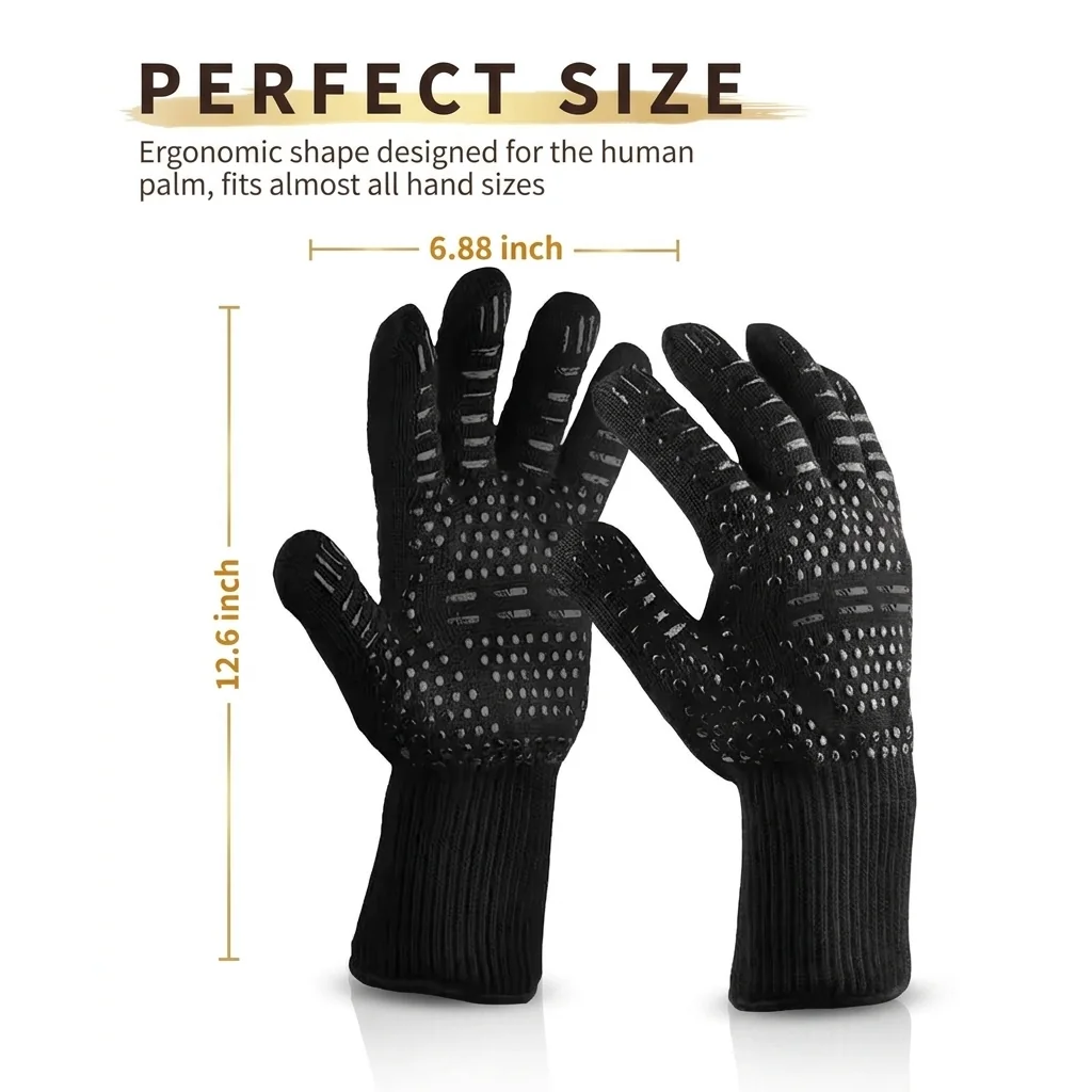 BBQ grilling gloves size guide: 6.88 x 12.6 inches, ergonomic shape that fits almost all hand sizes