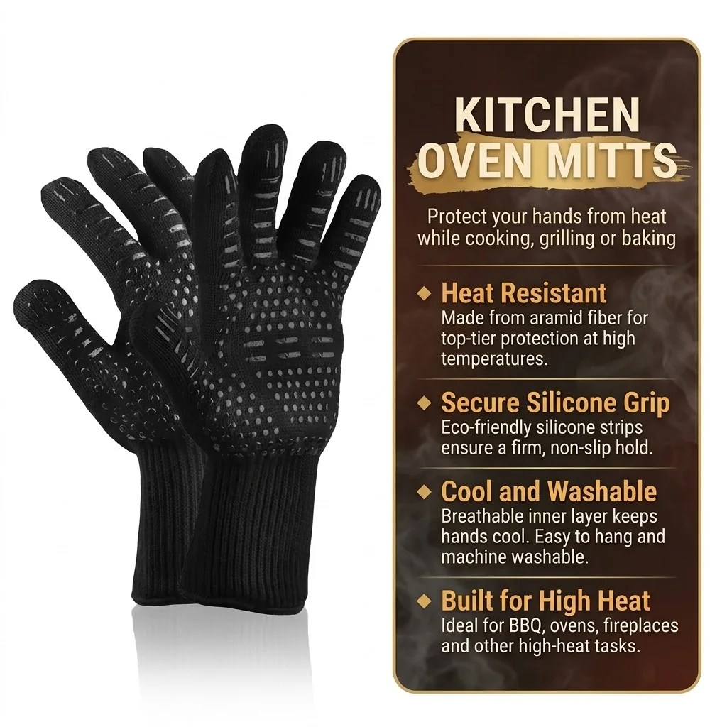 Heat-resistant BBQ grilling gloves in aramid fiber with a secure silicone grip, breathable and machine washable, built for high heat
